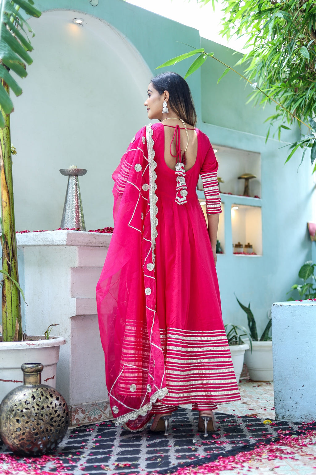 Women Pink Cotton Solid & Gota Patti Work Anarkali Kurta Bottom Dupatta Set