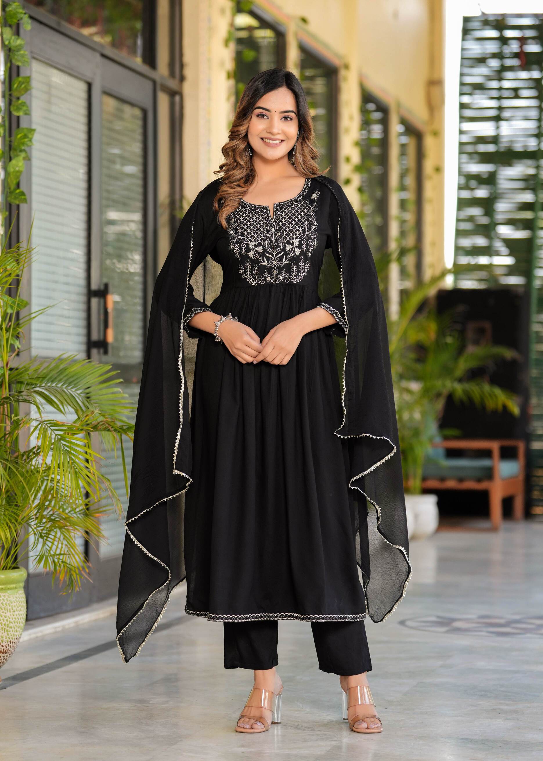 Women Black Rayon Solid & Embroidered Work Kurta Bottom Dupatta Set