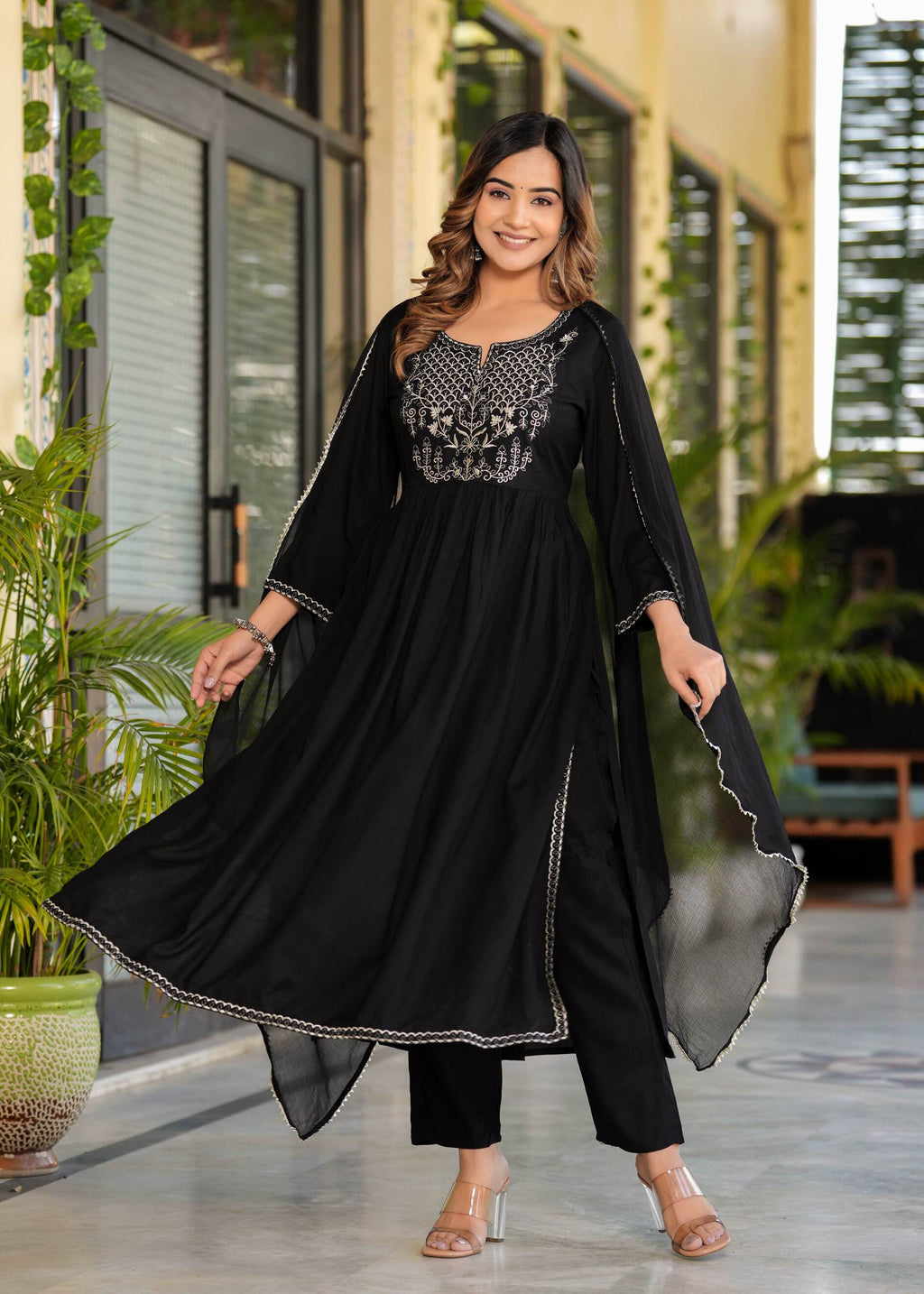Women Black Rayon Solid & Embroidered Work Kurta Bottom Dupatta Set