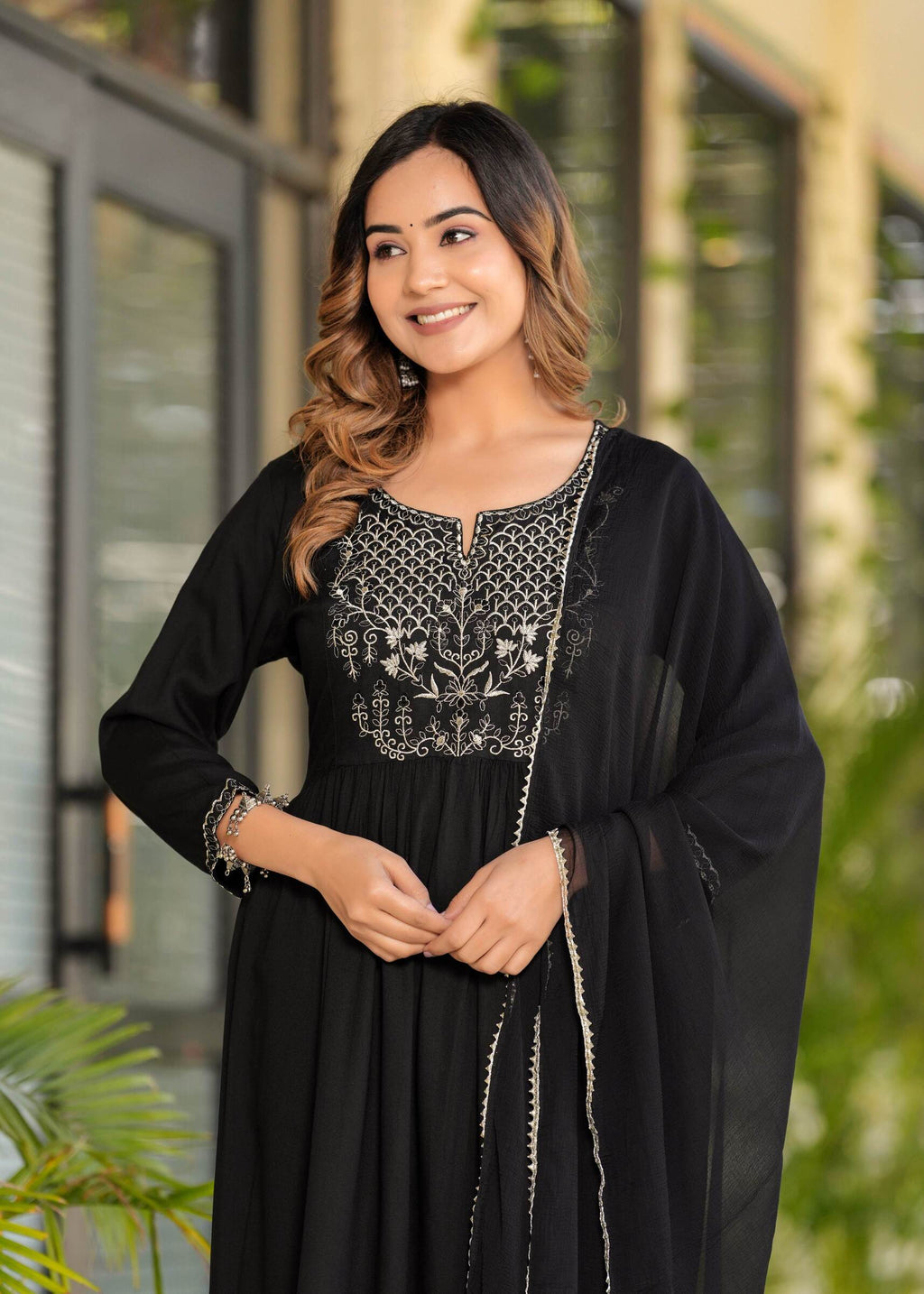 Women Black Rayon Solid & Embroidered Work Kurta Bottom Dupatta Set