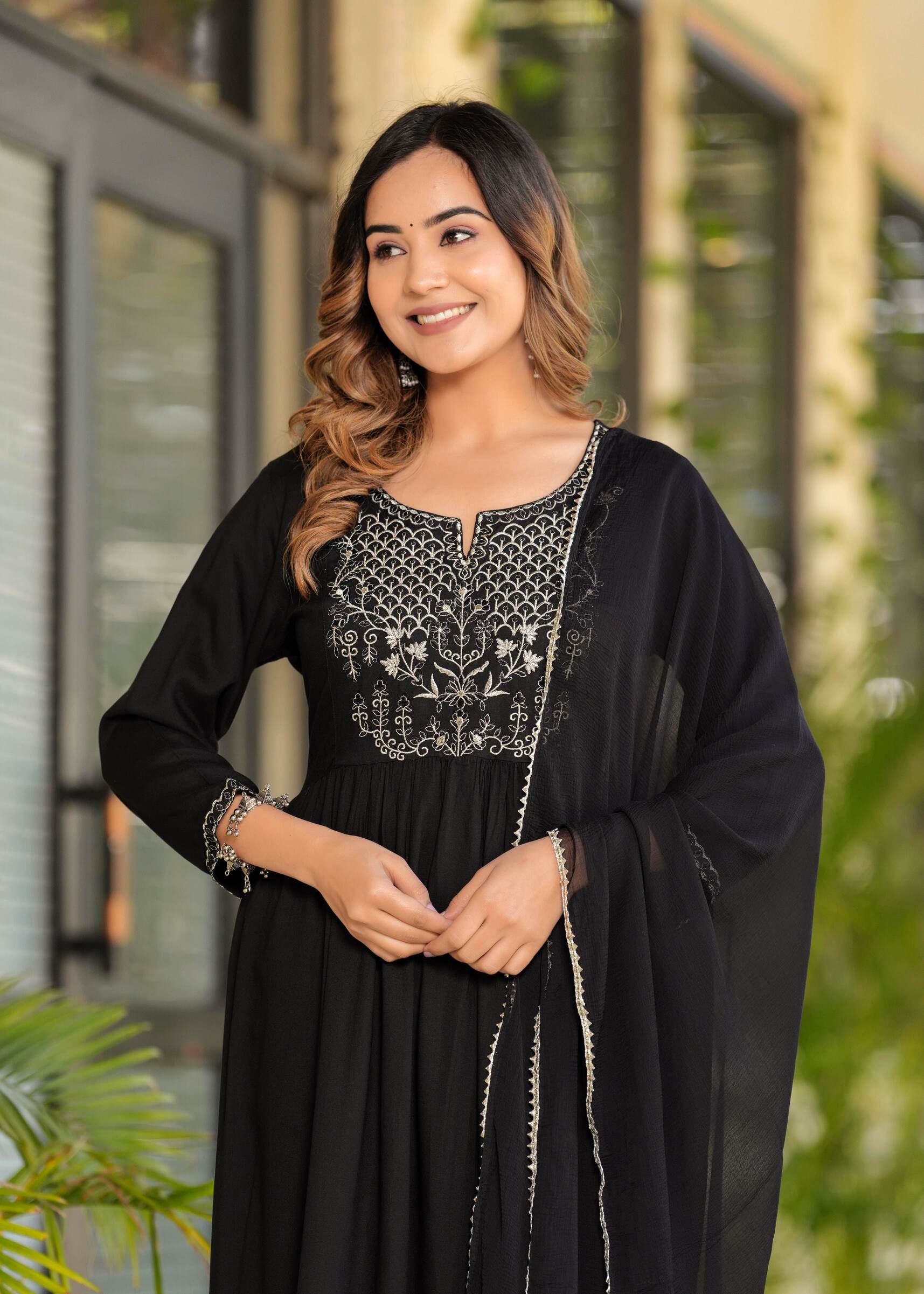 Women Black Rayon Solid & Embroidered Work Kurta Bottom Dupatta Set