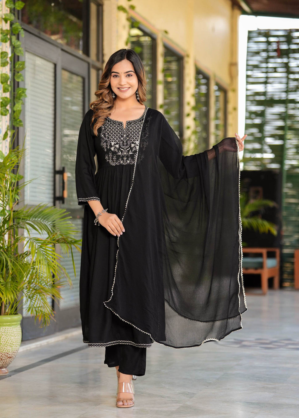 Women Black Rayon Solid & Embroidered Work Kurta Bottom Dupatta Set
