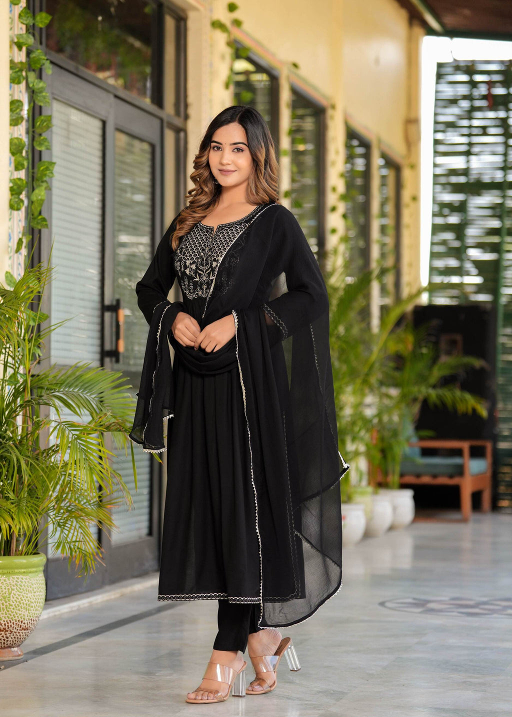 Women Black Rayon Solid & Embroidered Work Kurta Bottom Dupatta Set