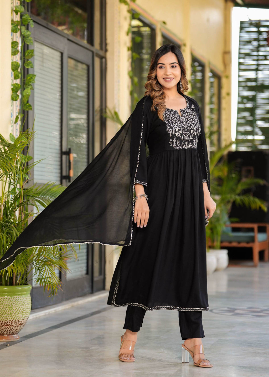 Women Black Rayon Solid & Embroidered Work Kurta Bottom Dupatta Set