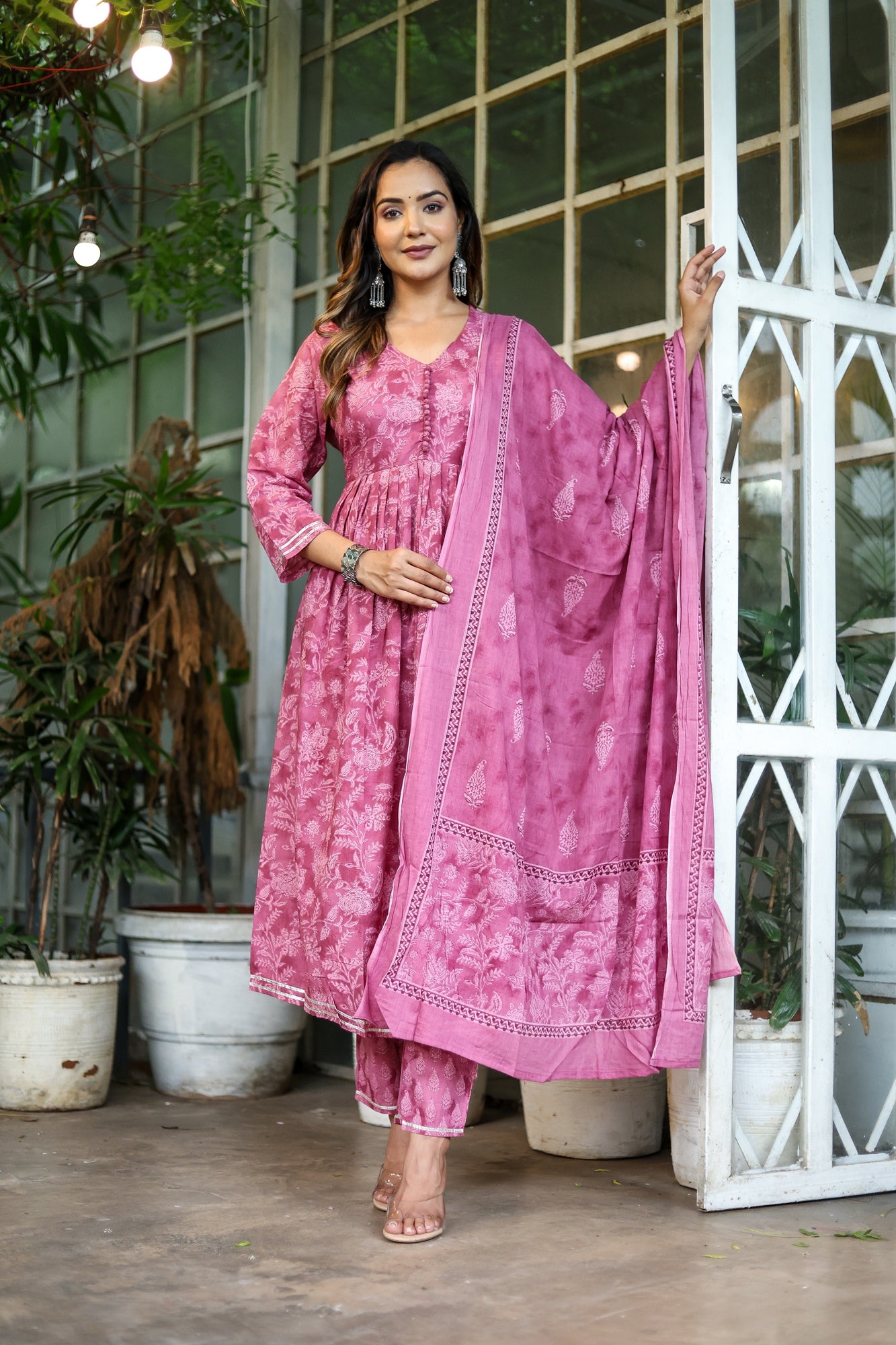 Women Purple Cotton Printed & Gota Patti Work Anarkali Kurta Bottom Dupatta Set