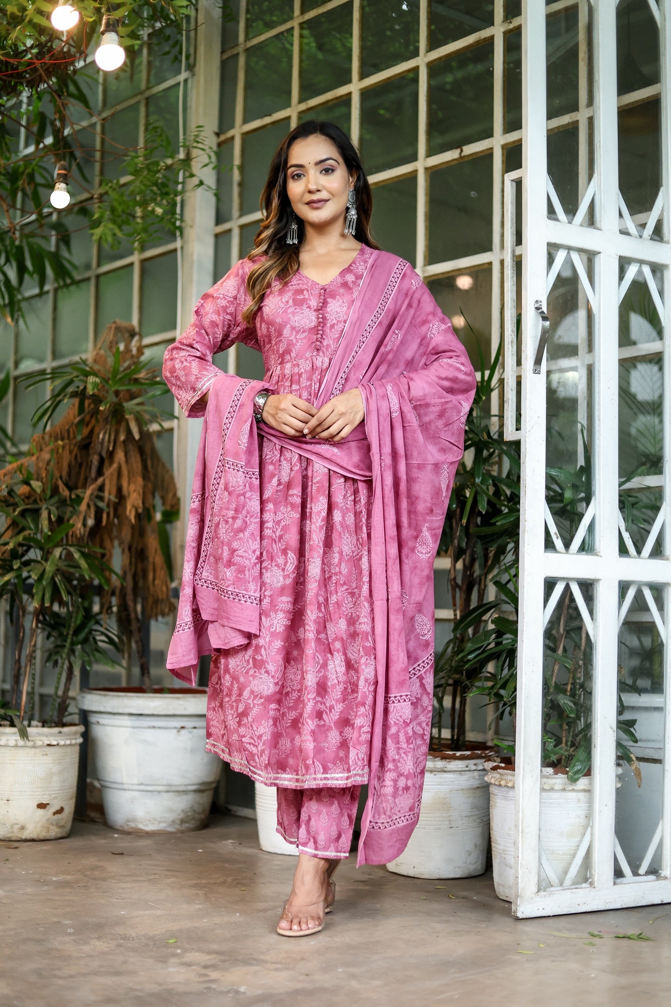 Women Purple Cotton Printed & Gota Patti Work Anarkali Kurta Bottom Dupatta Set