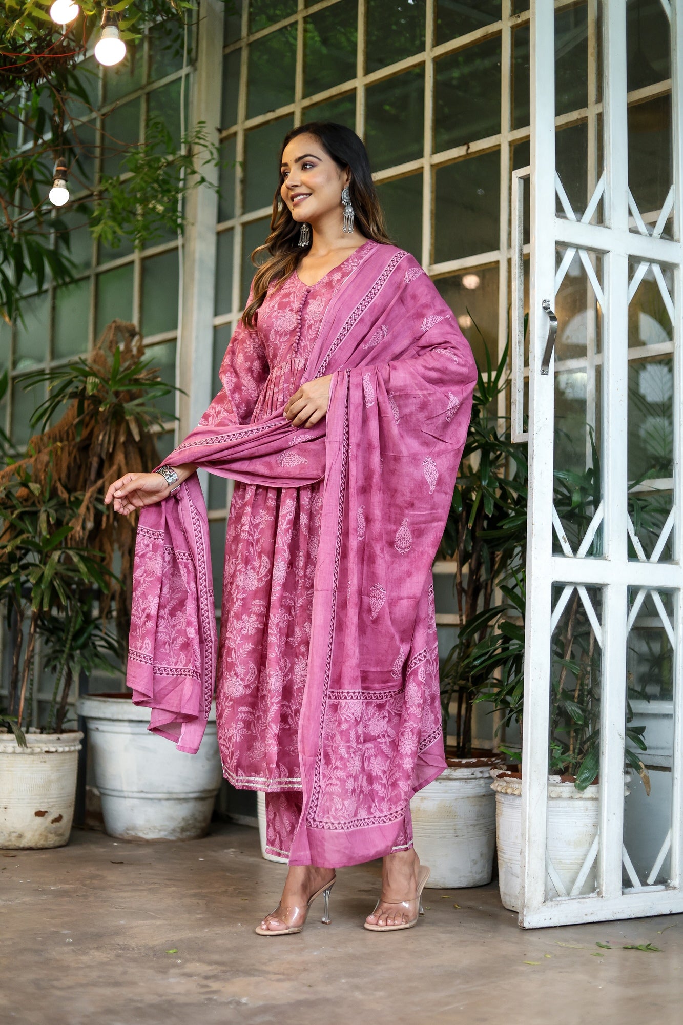 Women Purple Cotton Printed & Gota Patti Work Anarkali Kurta Bottom Dupatta Set