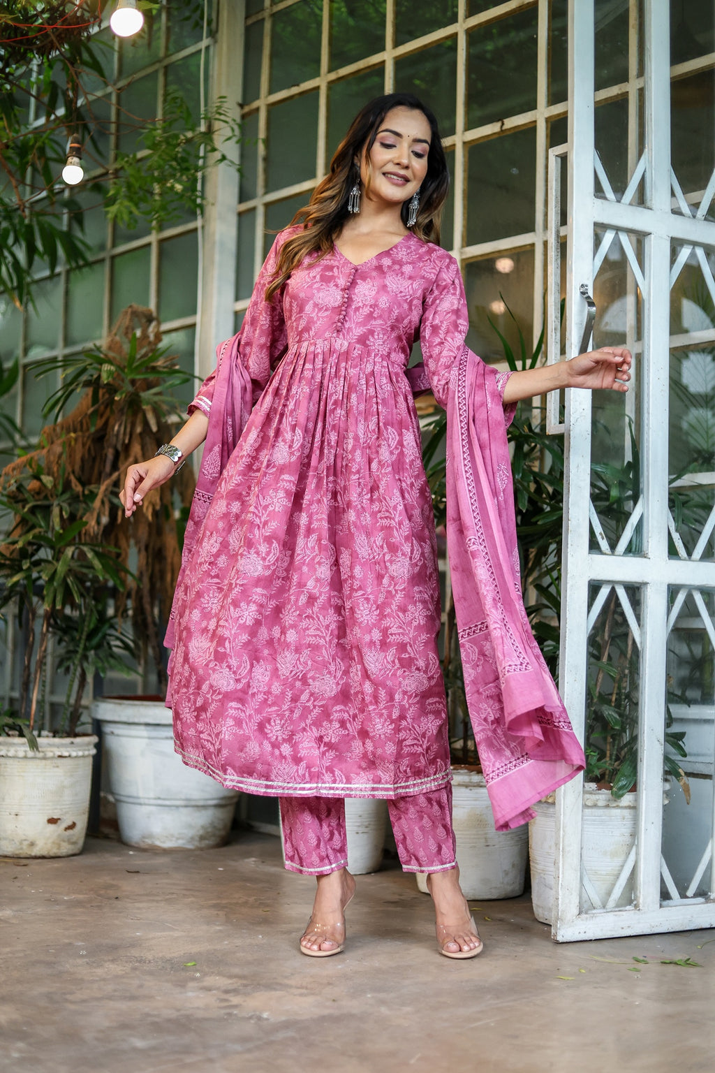 Women Purple Cotton Printed & Gota Patti Work Anarkali Kurta Bottom Dupatta Set