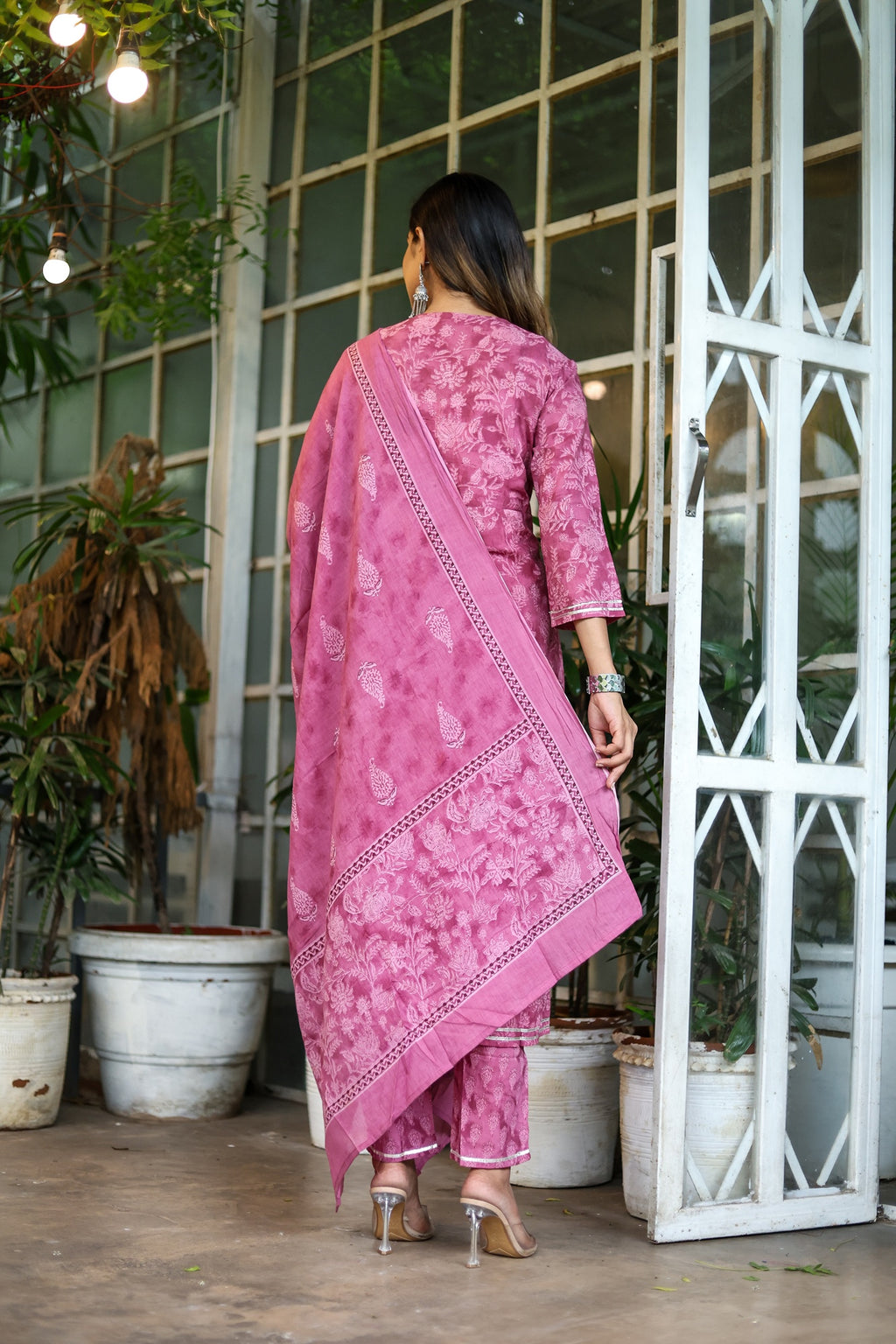 Women Purple Cotton Printed & Gota Patti Work Anarkali Kurta Bottom Dupatta Set