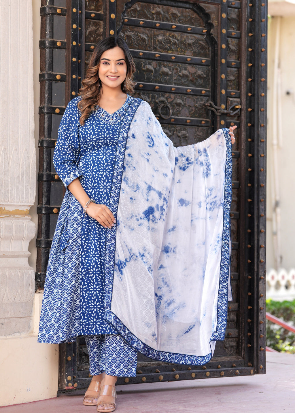 Women Blue Rayon Printed & Embroidred Work Anarkali Kurta Bottom Dupatta Set