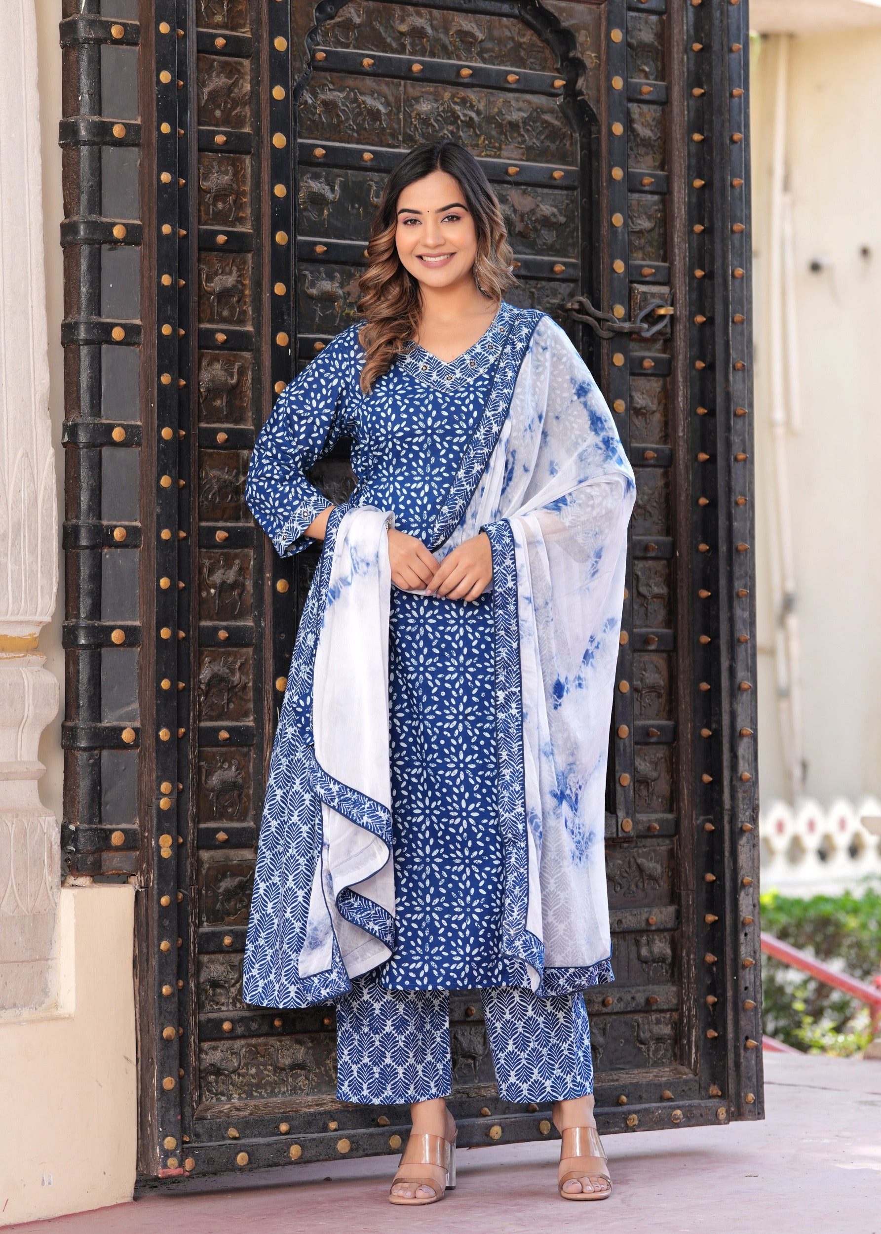 Women Blue Rayon Printed & Embroidred Work Anarkali Kurta Bottom Dupatta Set