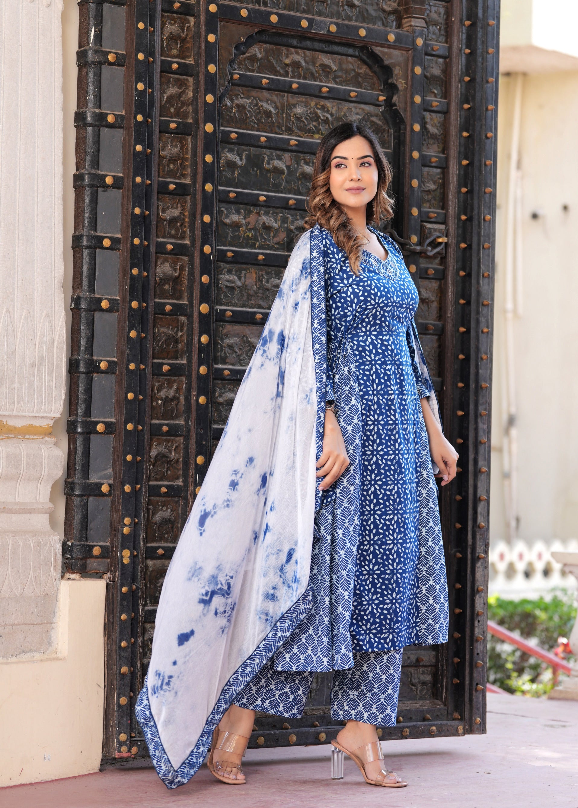 Women Blue Rayon Printed & Embroidred Work Anarkali Kurta Bottom Dupatta Set