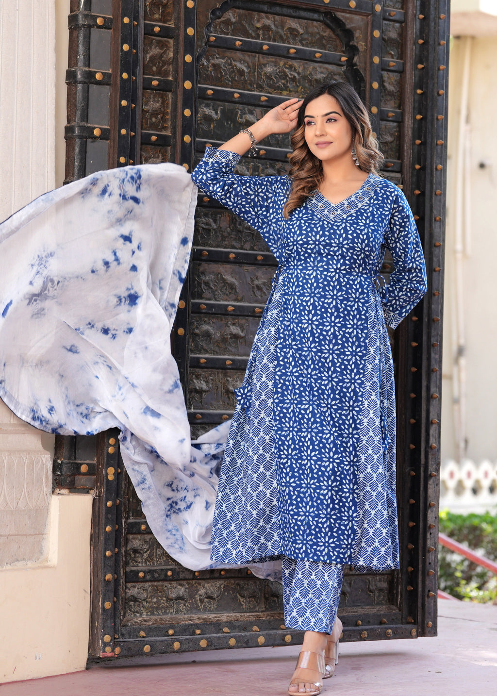 Women Blue Rayon Printed & Embroidred Work Anarkali Kurta Bottom Dupatta Set