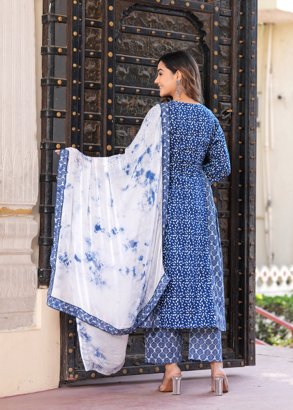 Women Blue Rayon Printed & Embroidred Work Anarkali Kurta Bottom Dupatta Set