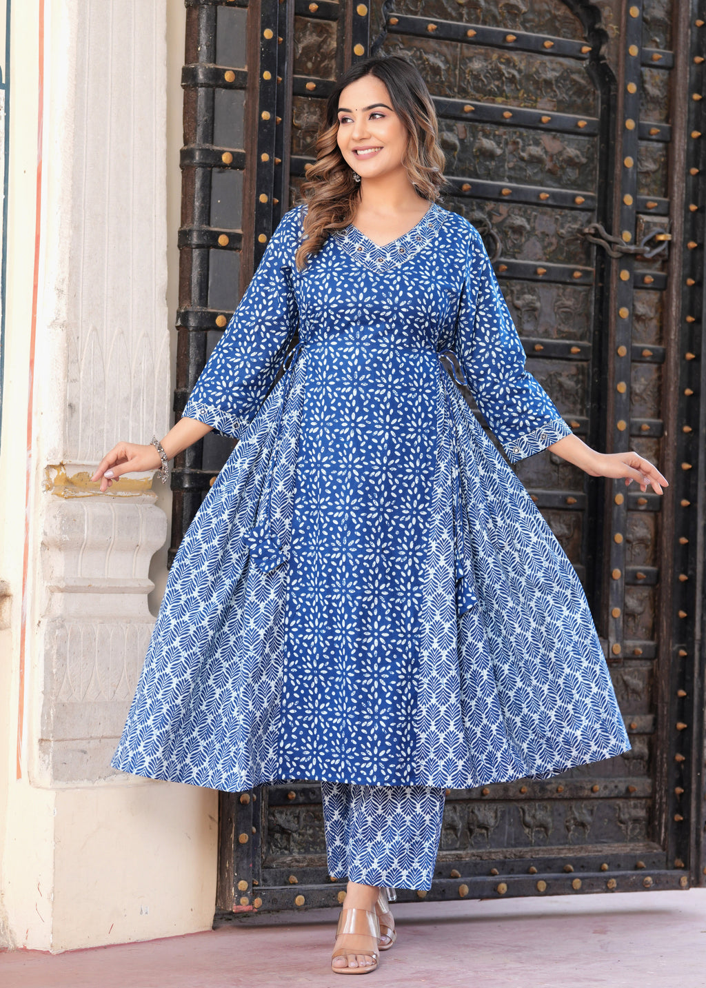 Women Blue Rayon Printed & Embroidred Work Anarkali Kurta Bottom Dupatta Set