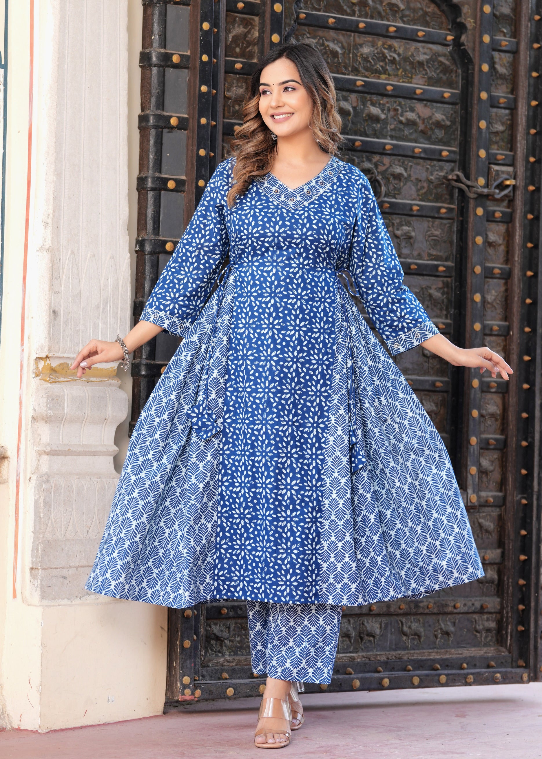 Women Blue Rayon Printed & Embroidred Work Anarkali Kurta Bottom Dupatta Set