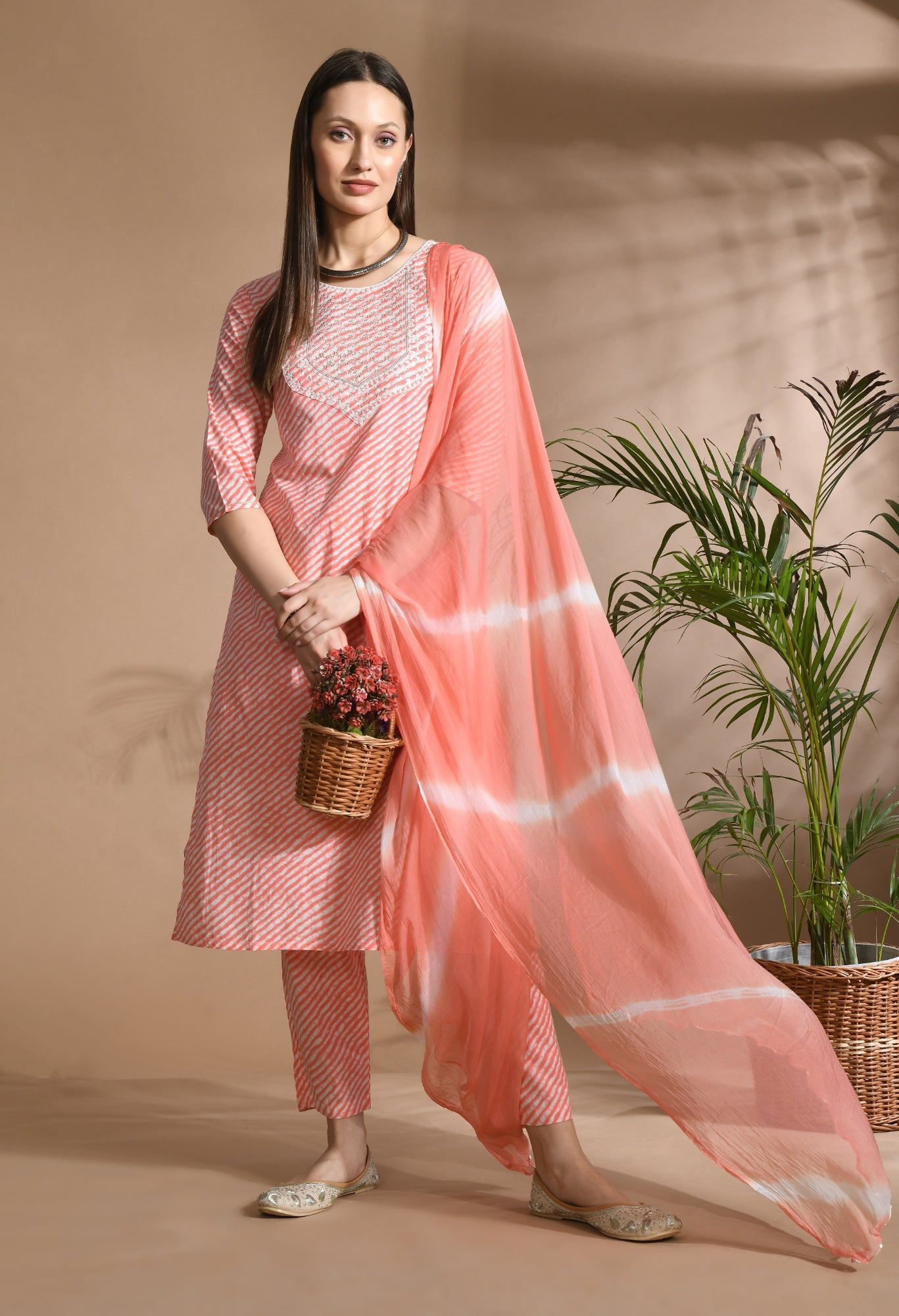 Women Pink Cotton Printed & Embroidred Work Kurta Bottom Dupatta Set