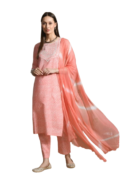 Women Pink Cotton Printed & Embroidred Work Kurta Bottom Dupatta Set