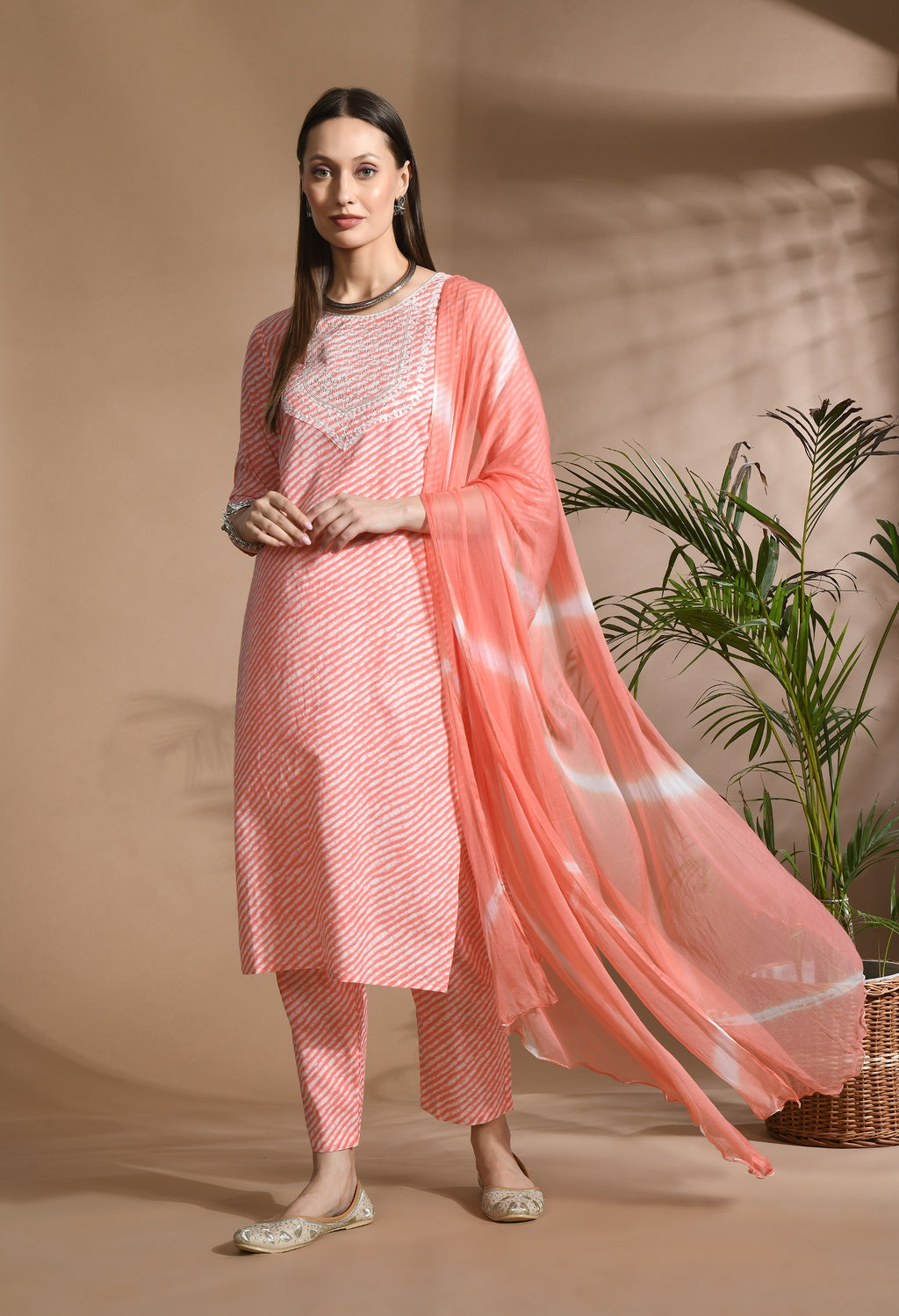 Women Pink Cotton Printed & Embroidred Work Kurta Bottom Dupatta Set