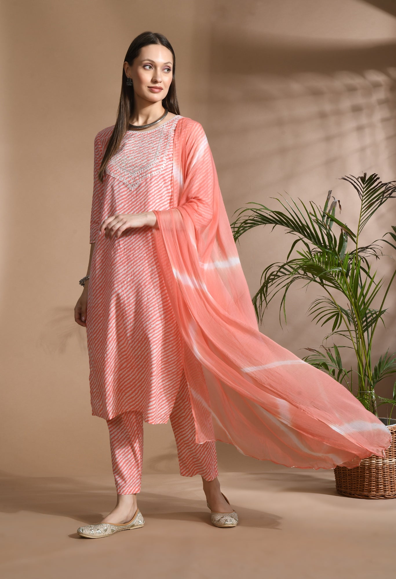 Women Pink Cotton Printed & Embroidred Work Kurta Bottom Dupatta Set