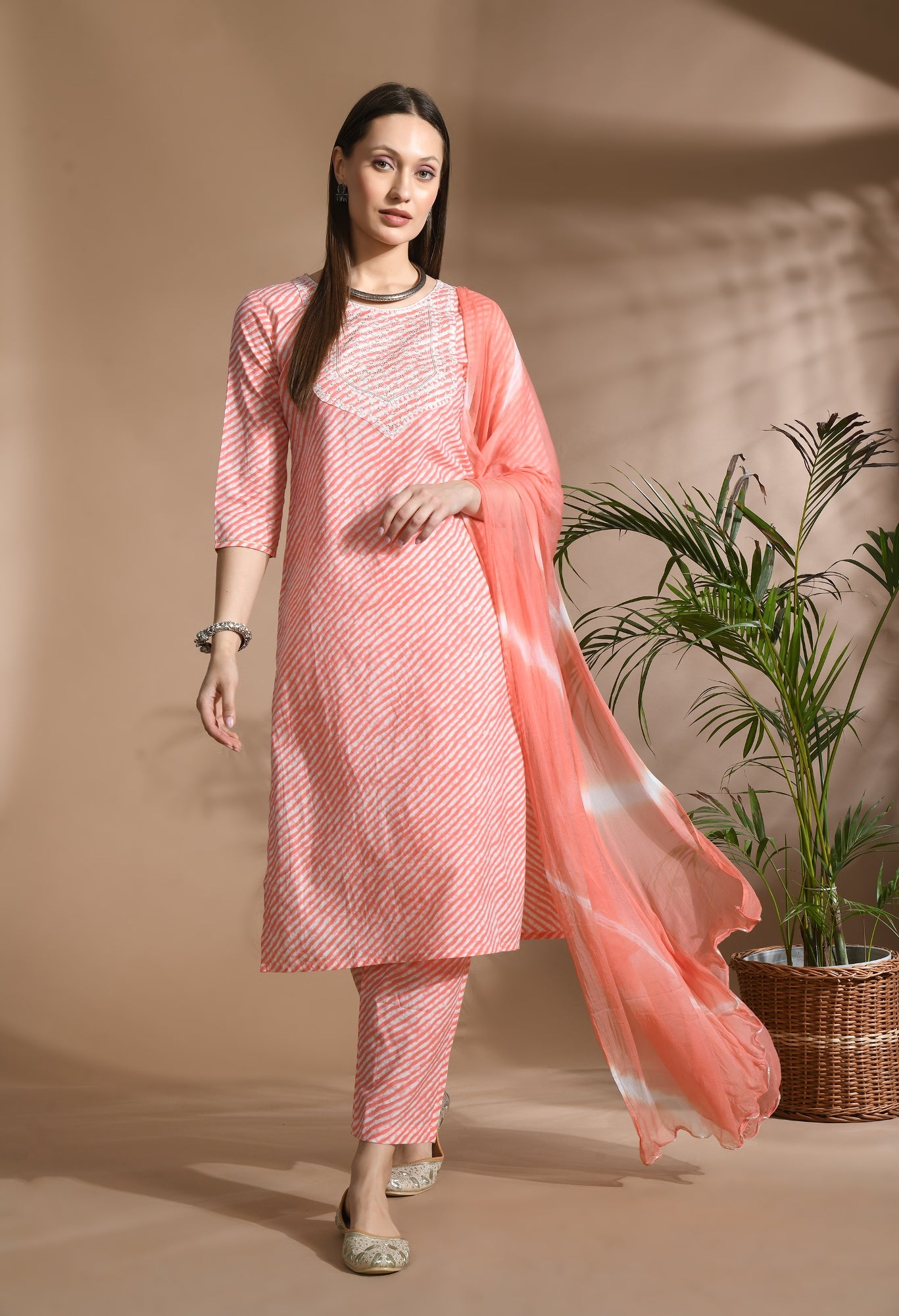 Women Pink Cotton Printed & Embroidred Work Kurta Bottom Dupatta Set