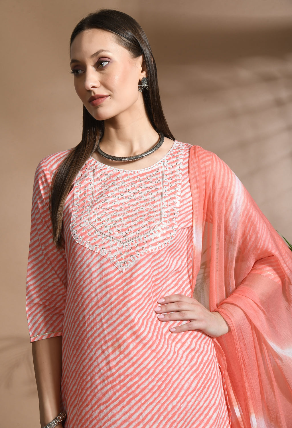 Women Pink Cotton Printed & Embroidred Work Kurta Bottom Dupatta Set