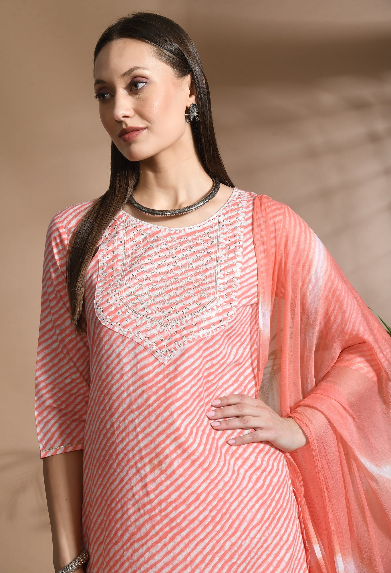 Women Pink Cotton Printed & Embroidred Work Kurta Bottom Dupatta Set