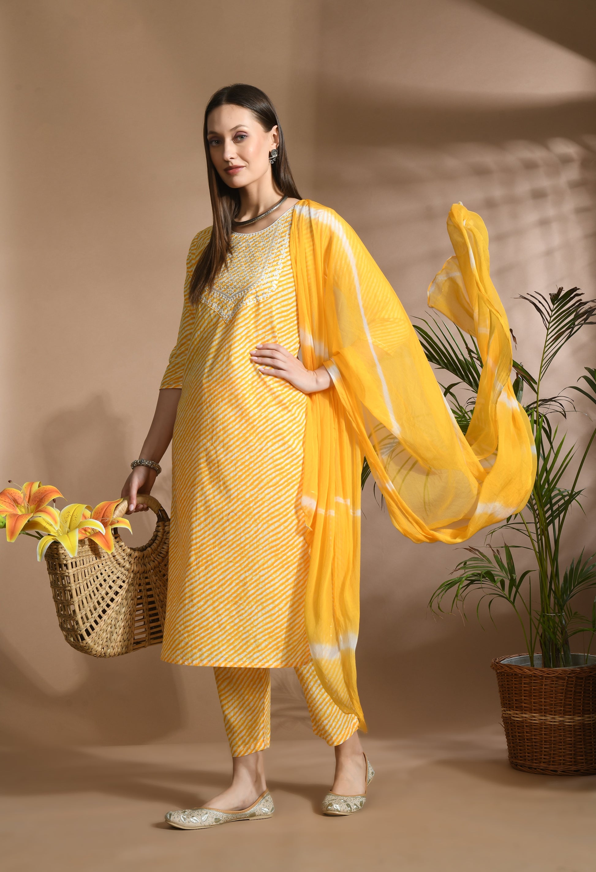Women Yellow Cotton Printed & Embroidred Work Kurta Bottom Dupatta Set