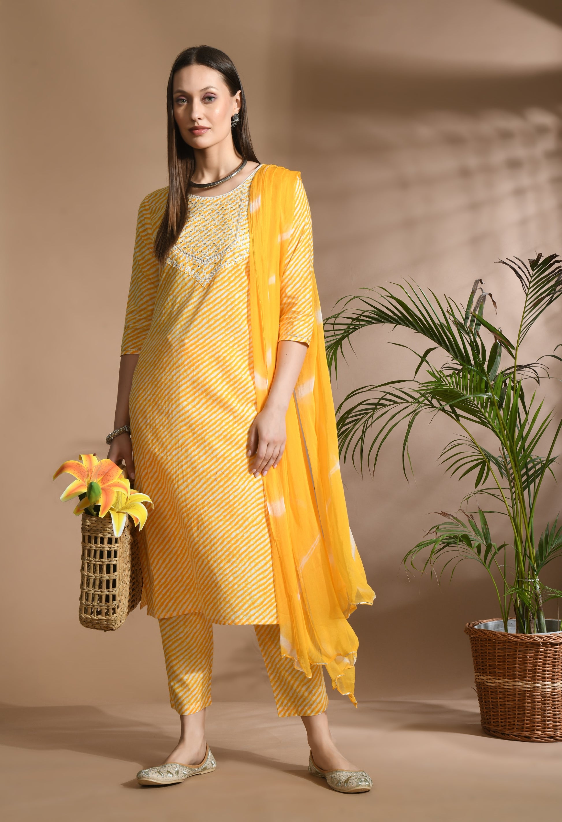 Women Yellow Cotton Printed & Embroidred Work Kurta Bottom Dupatta Set
