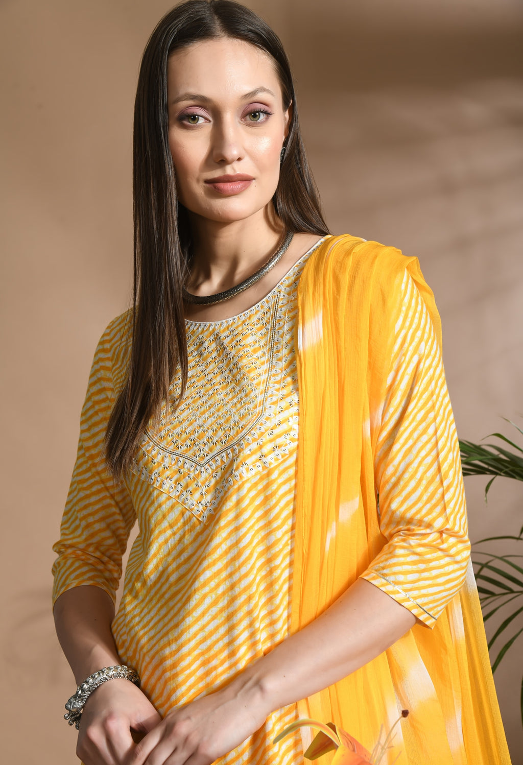 Women Yellow Cotton Printed & Embroidred Work Kurta Bottom Dupatta Set