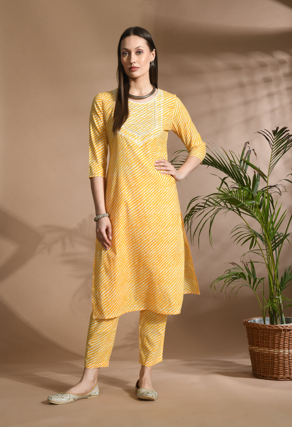 Women Yellow Cotton Printed & Embroidred Work Kurta Bottom Dupatta Set