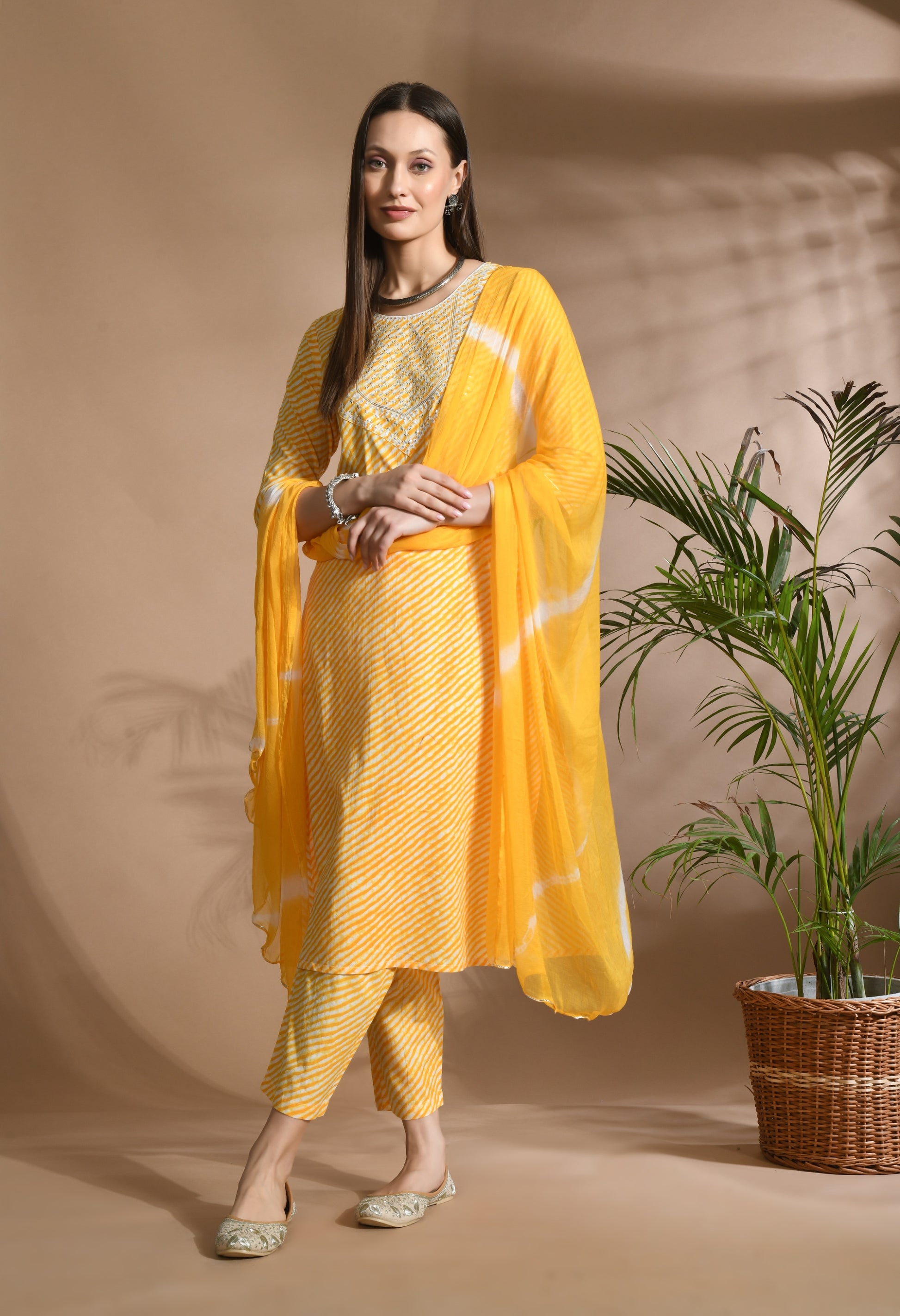 Women Yellow Cotton Printed & Embroidred Work Kurta Bottom Dupatta Set
