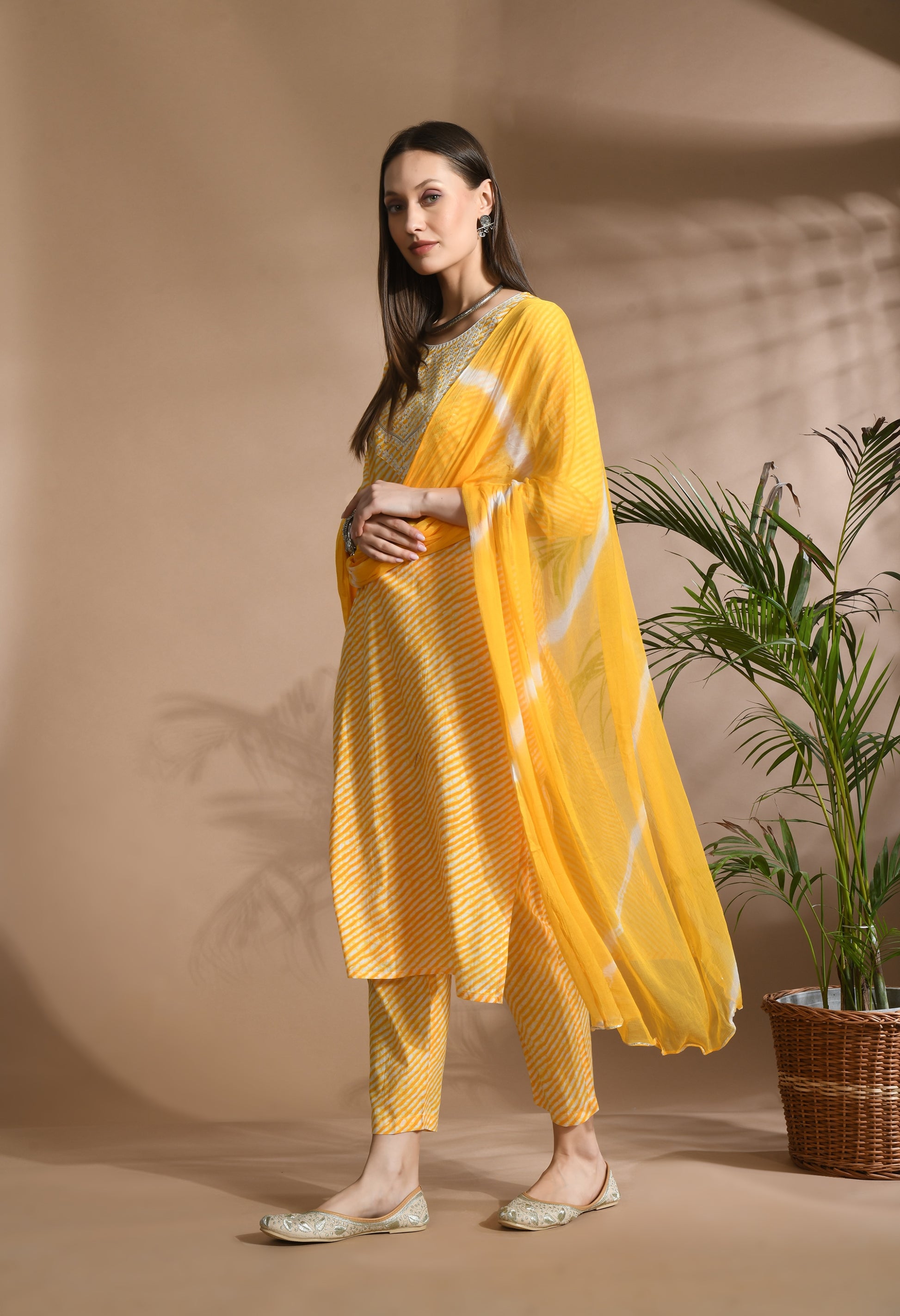 Women Yellow Cotton Printed & Embroidred Work Kurta Bottom Dupatta Set