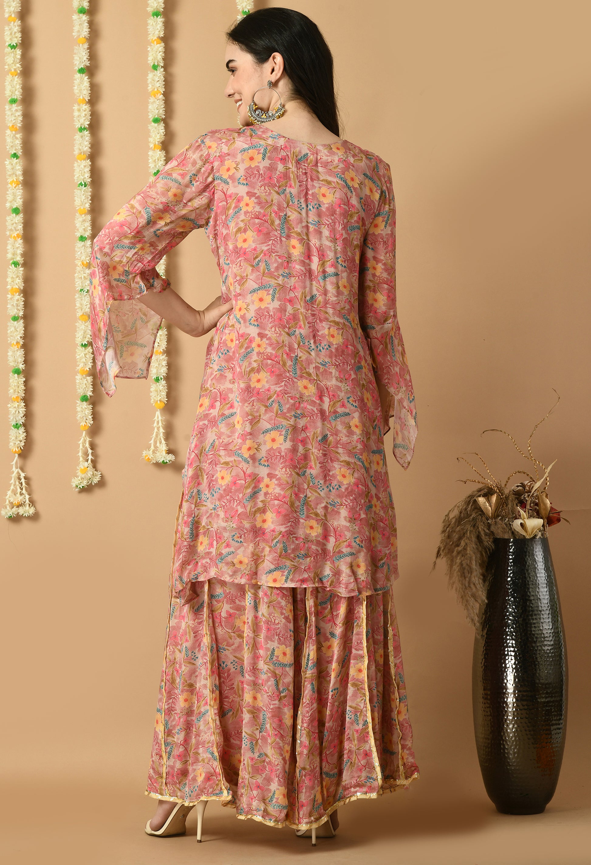 Rose Gold Chiffon Printed Kurta Set