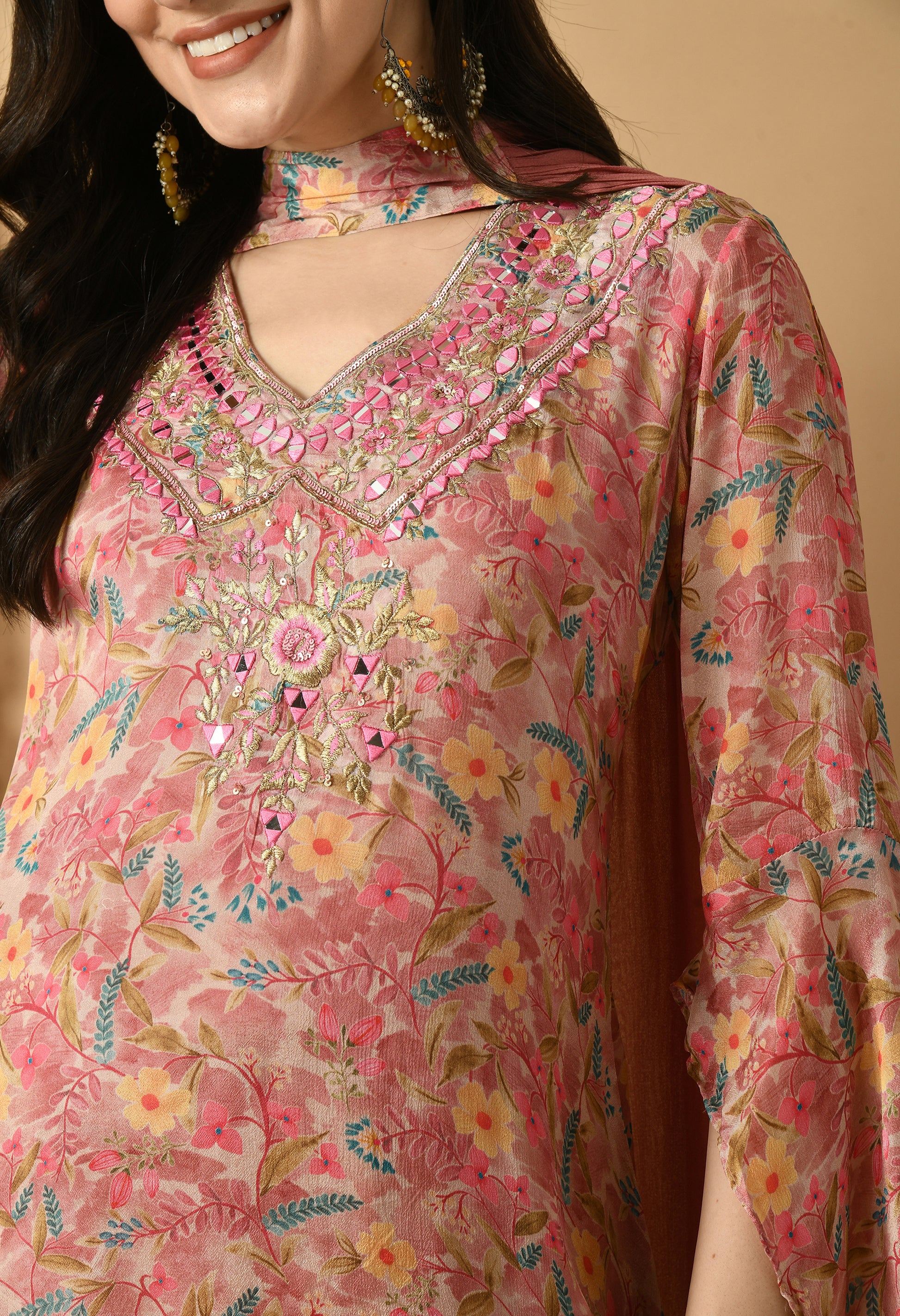 Rose Gold Chiffon Printed Kurta Set