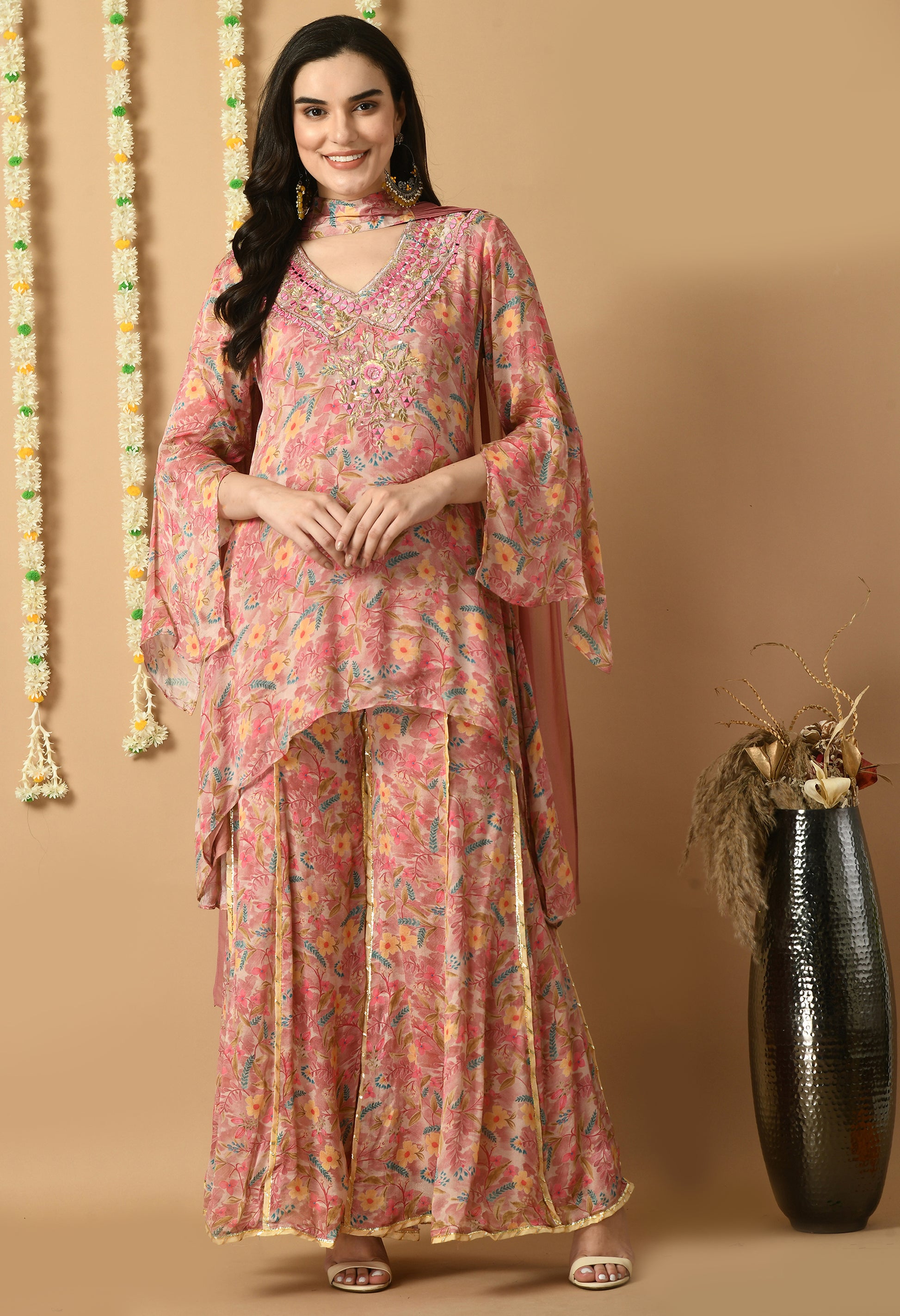 Rose Gold Chiffon Printed Kurta Set