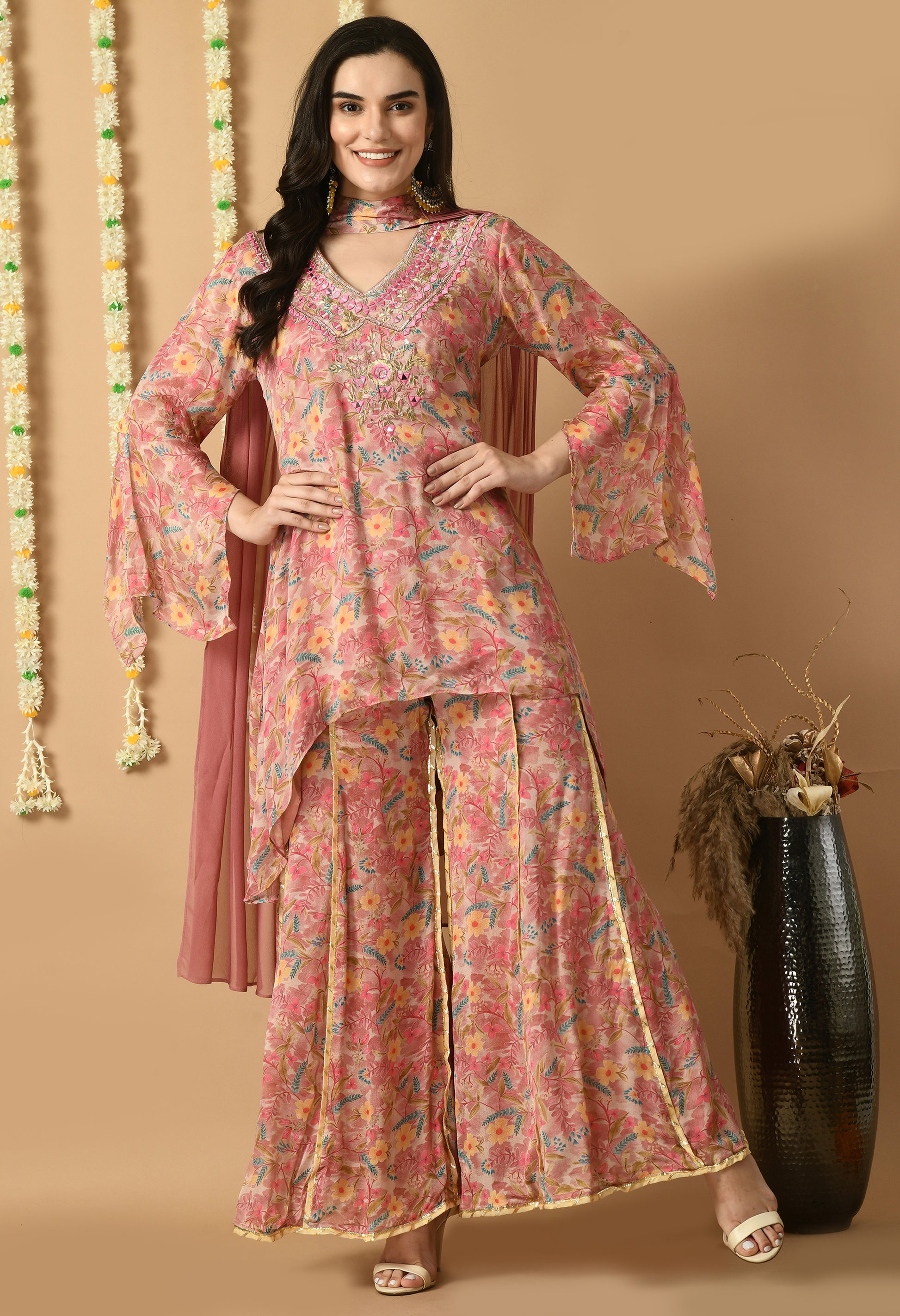 Rose Gold Chiffon Printed Kurta Set