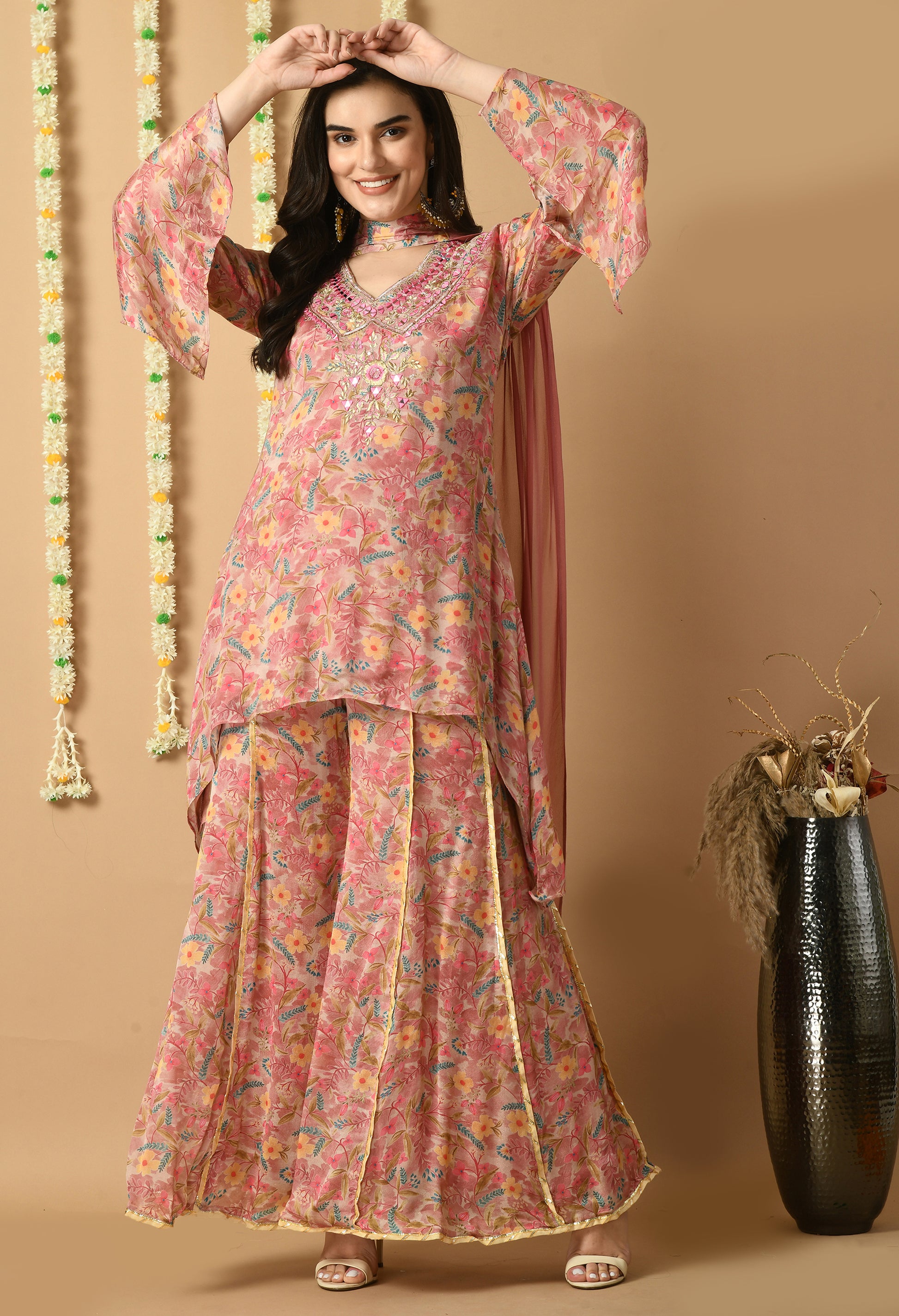 Rose Gold Chiffon Printed Kurta Set