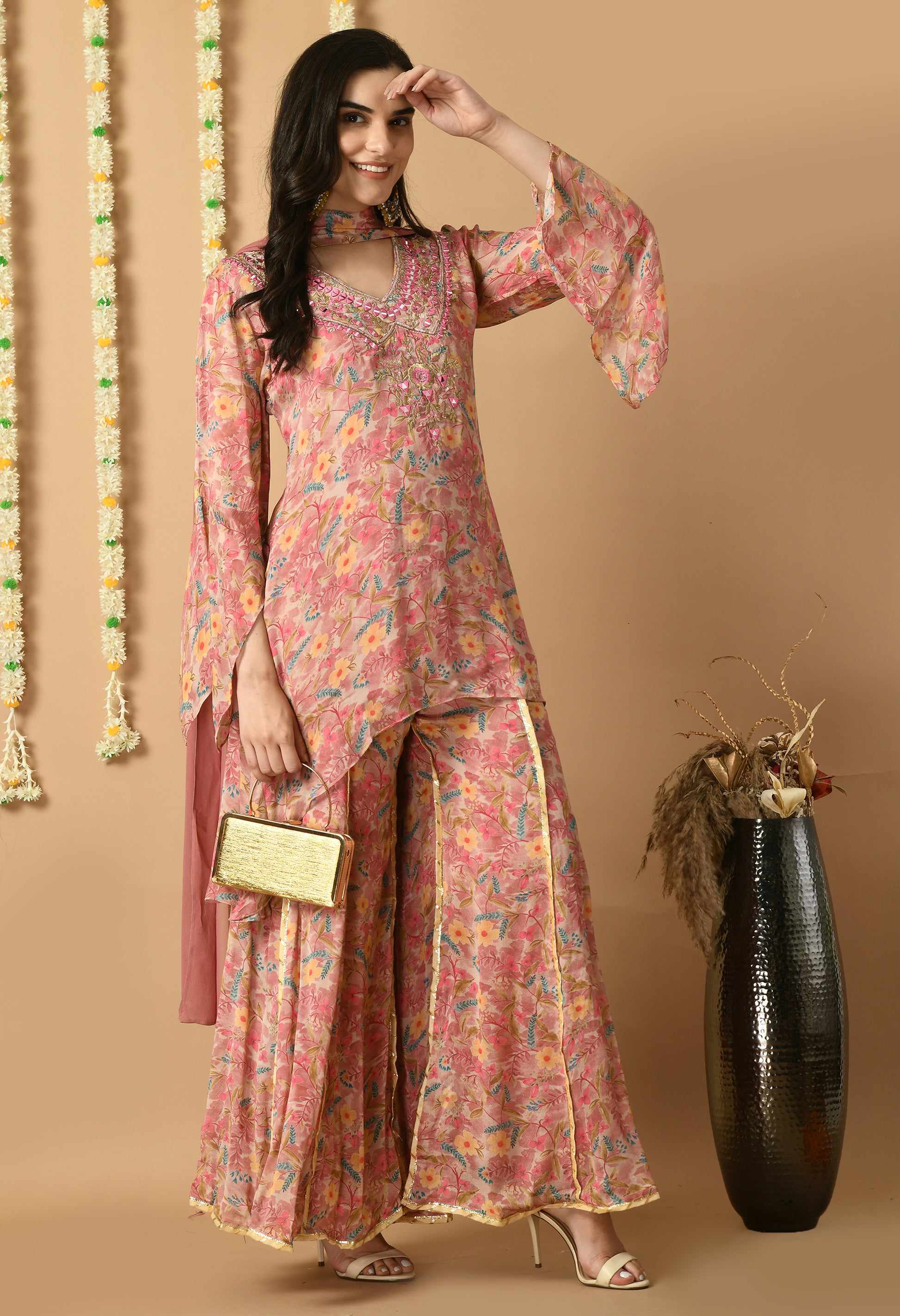 Rose Gold Chiffon Printed Kurta Set