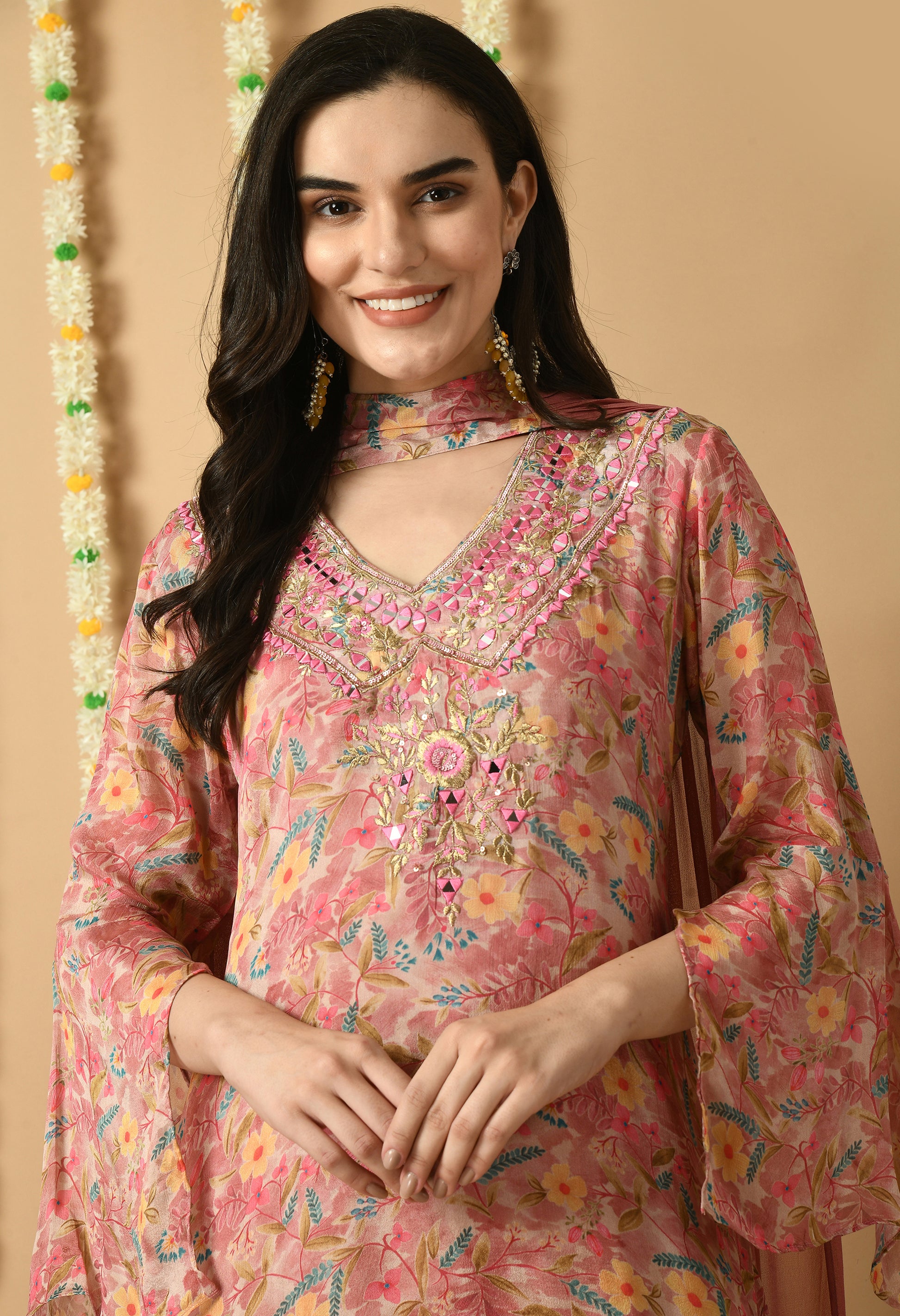 Rose Gold Chiffon Printed Kurta Set