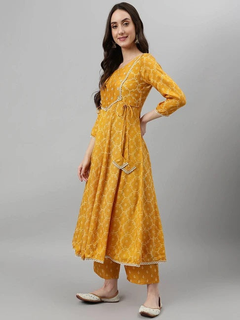 Women Mustard Rayon Printed & Embroidred Work Anarkali Kurta Bottom Dupatta Set