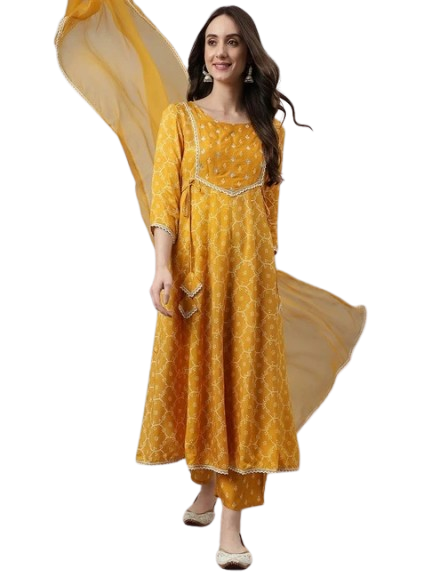 Women Mustard Rayon Printed & Embroidred Work Anarkali Kurta Bottom Dupatta Set