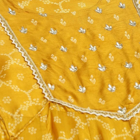 Women Mustard Rayon Printed & Embroidred Work Anarkali Kurta Bottom Dupatta Set