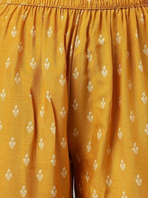 Women Mustard Rayon Printed & Embroidred Work Anarkali Kurta Bottom Dupatta Set