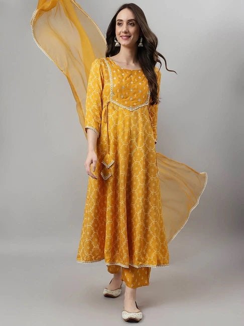Women Mustard Rayon Printed & Embroidred Work Anarkali Kurta Bottom Dupatta Set