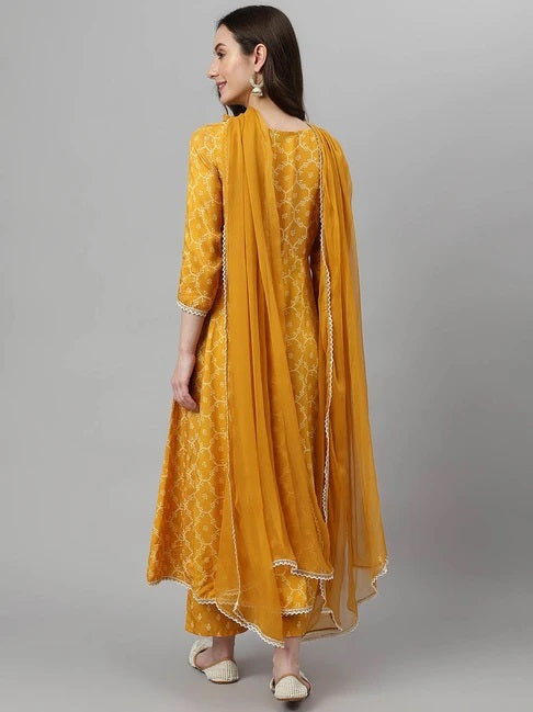 Women Mustard Rayon Printed & Embroidred Work Anarkali Kurta Bottom Dupatta Set