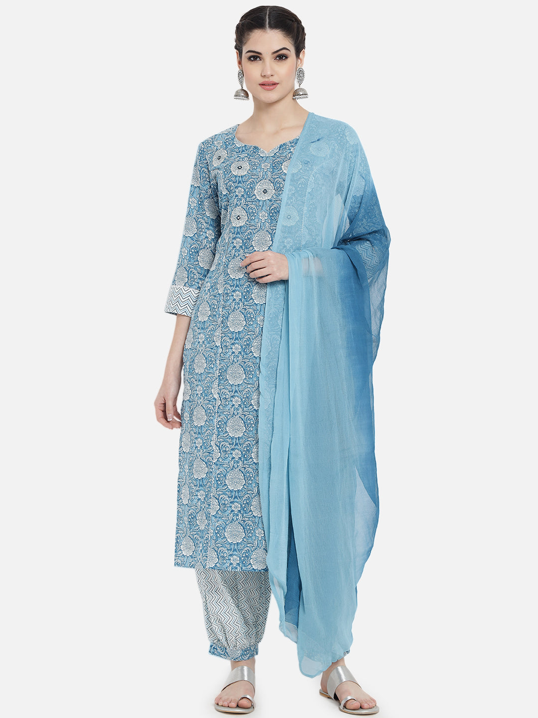 Women Blue Rayon Printed & Trim Work Kurta Bottom Dupatta Set