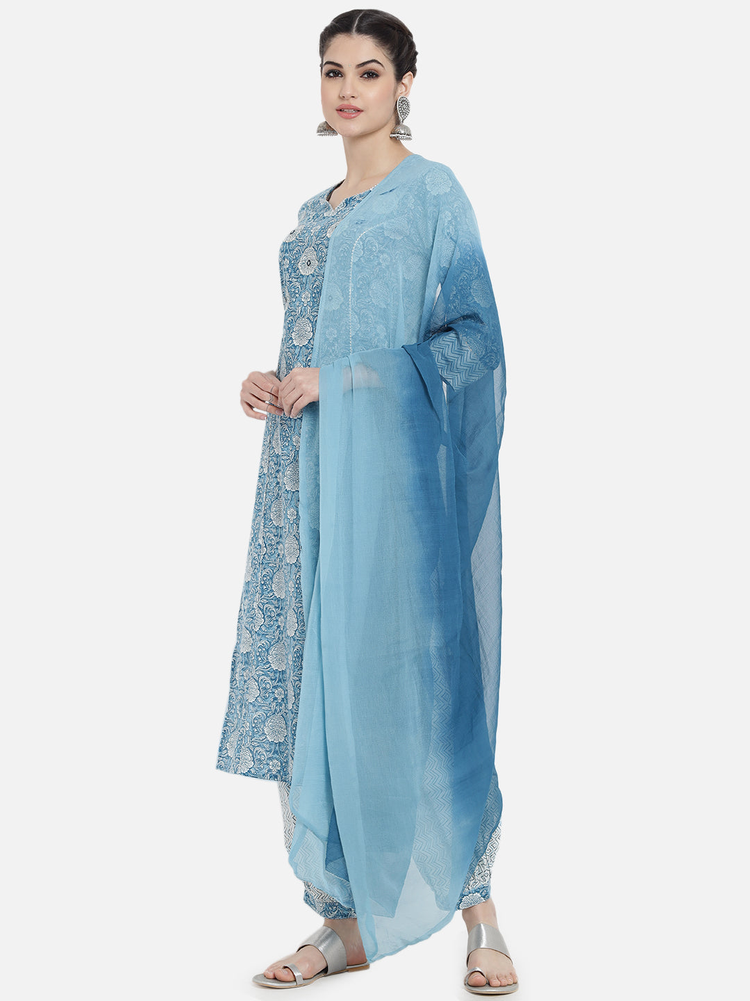 Women Blue Rayon Printed & Trim Work Kurta Bottom Dupatta Set
