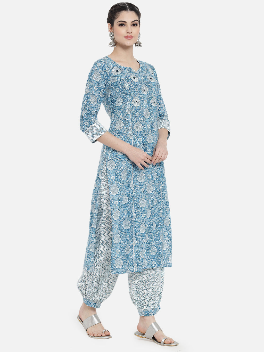 Women Blue Rayon Printed & Trim Work Kurta Bottom Dupatta Set