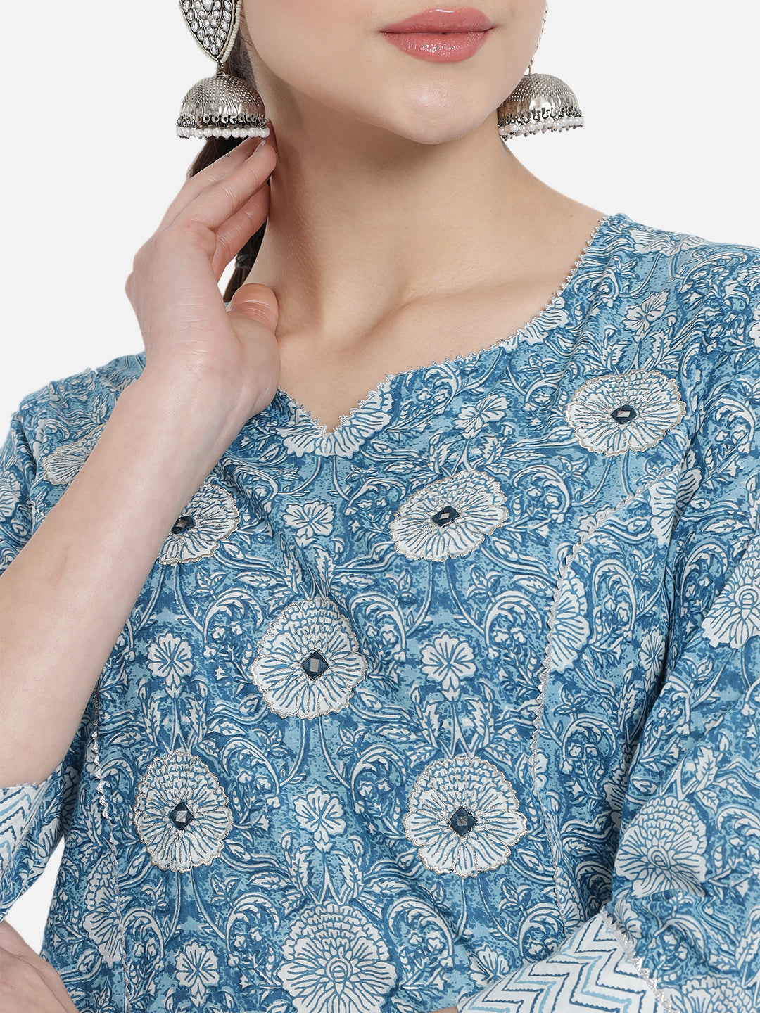 Women Blue Rayon Printed & Trim Work Kurta Bottom Dupatta Set